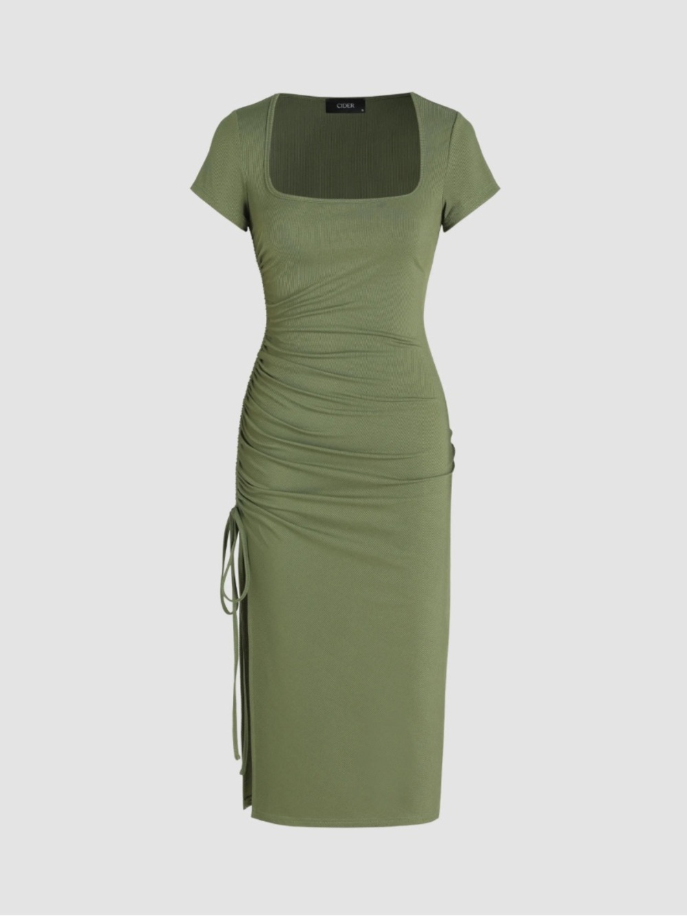 Cider Olive French Retro Romantic Earthy Square-Neck Ruched Side Midi Dress S
